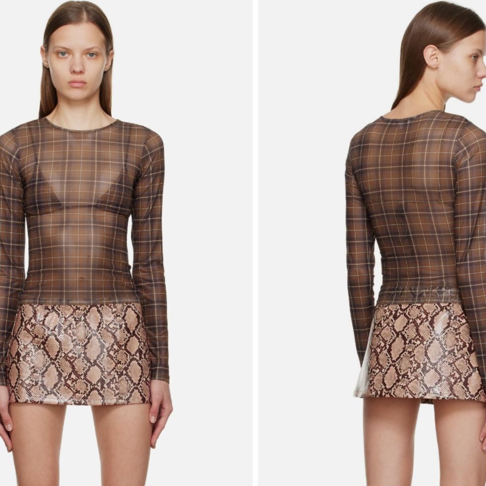 MIAOU Brown Check Long Sleeve T-Shirt